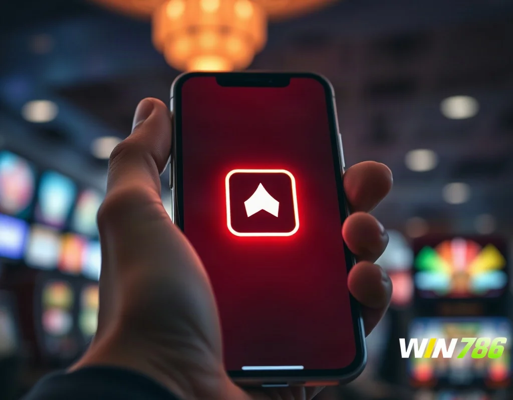 Smartphone displaying a gaming app with casino lights in the background