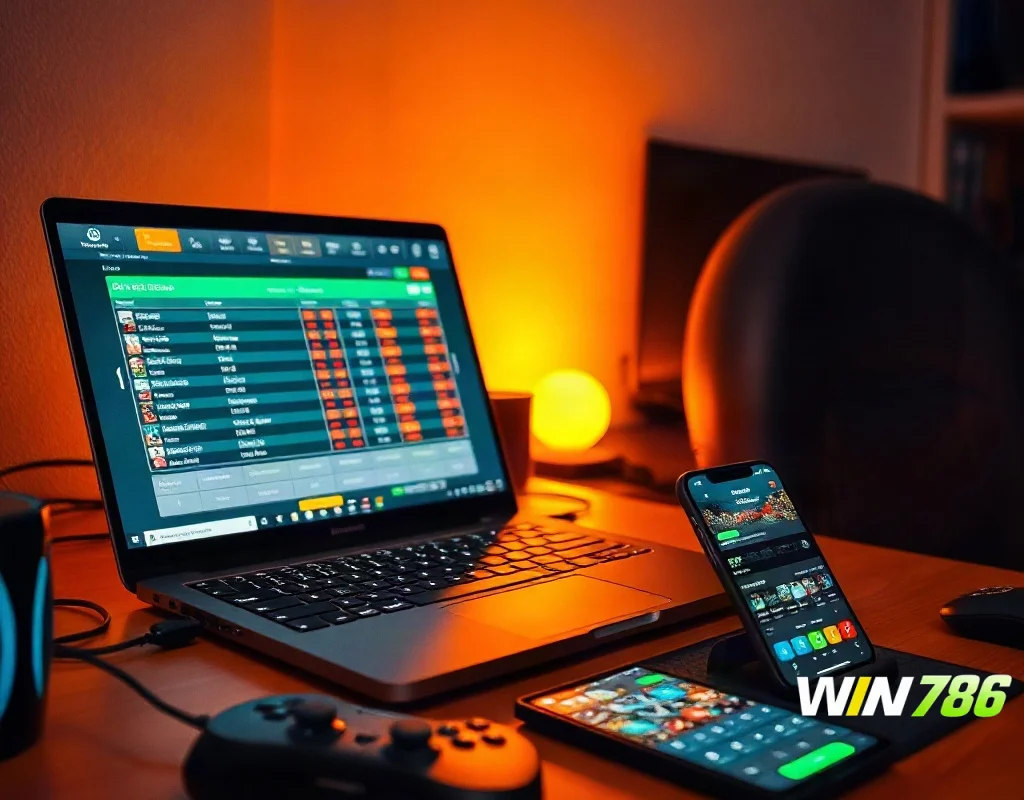 Laptop with sports scores and mobile phone with betting app on a desk