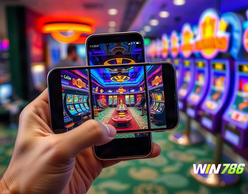Hand holding a smartphone with a colorful gaming lobby on screen