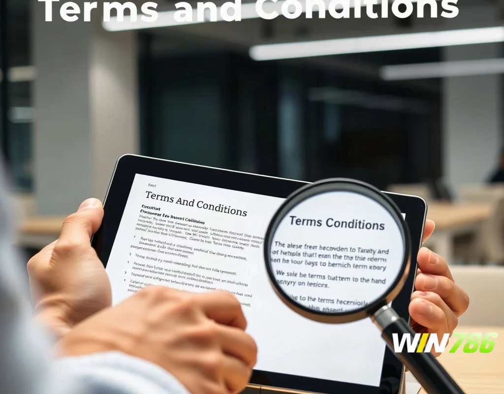 Reading WIN786 account rules on a tablet with a magnifying glass