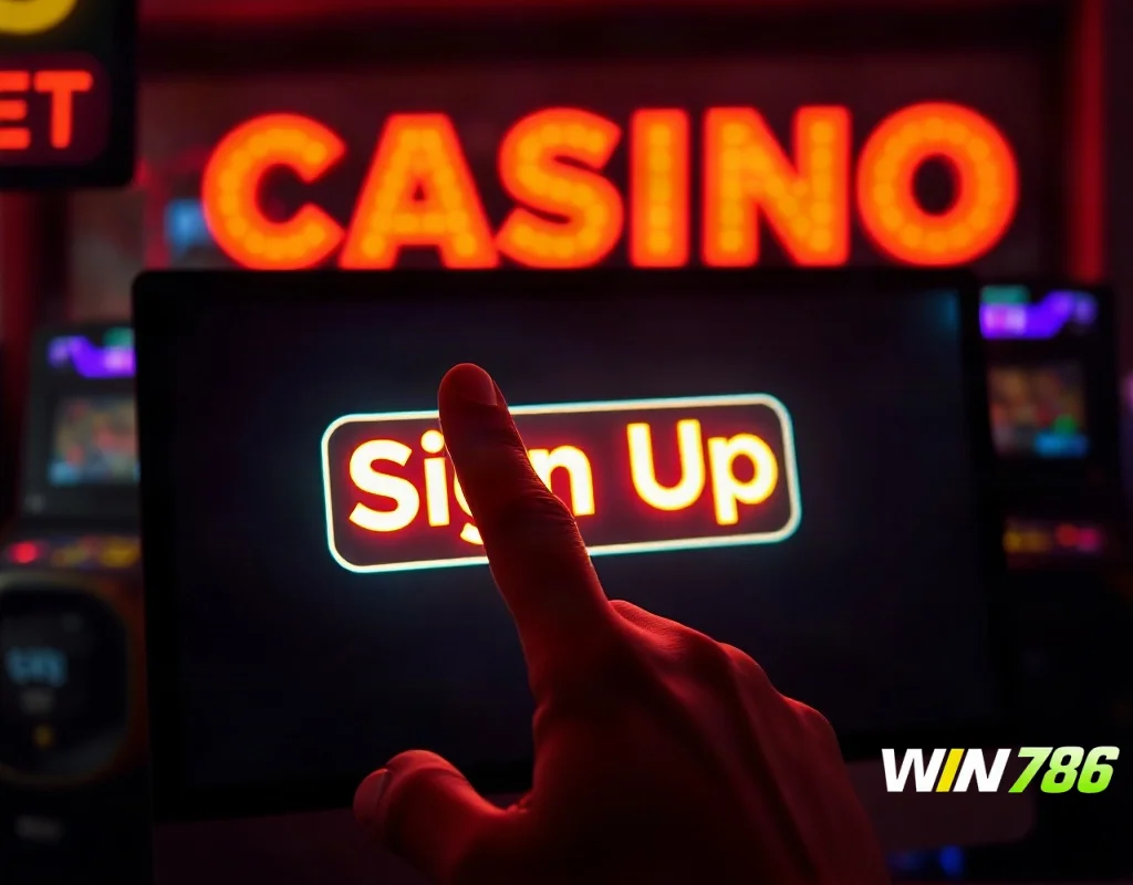 Close-up of a hand clicking a sign-up button on a screen with casino ambiance