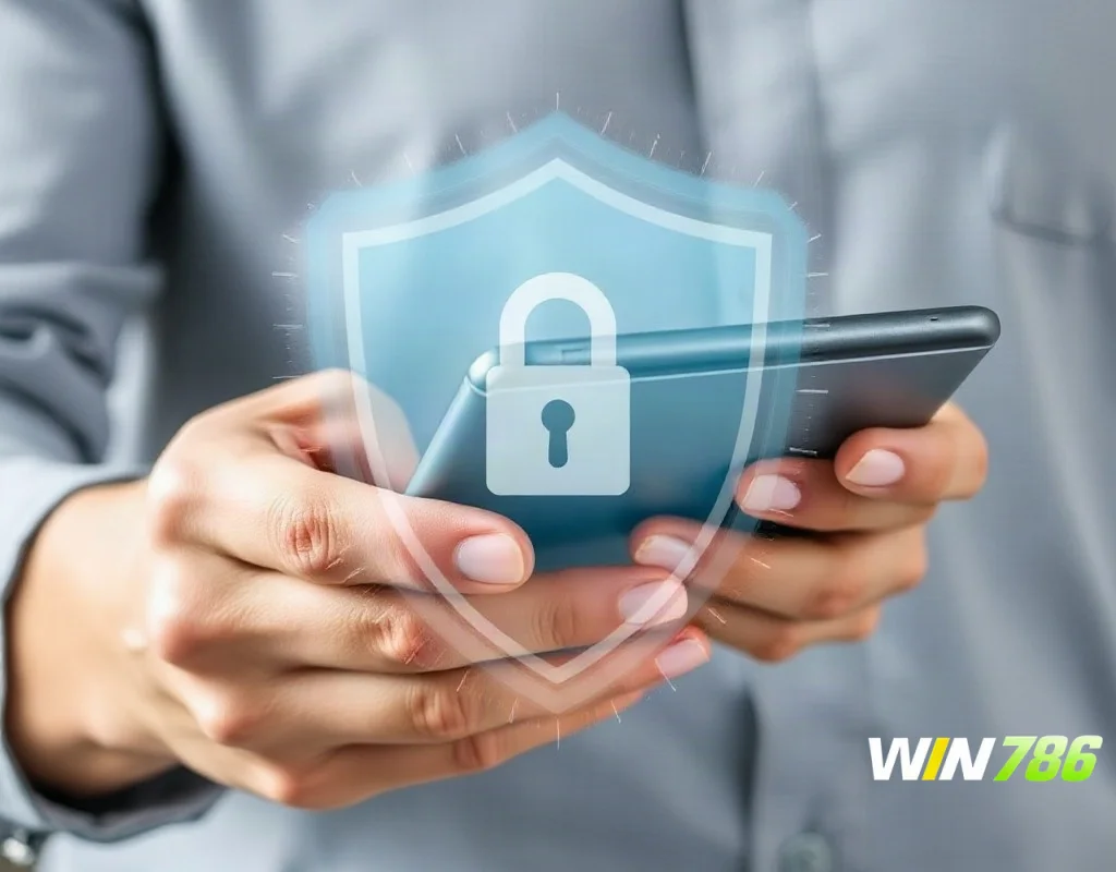 Person holding phone and credit card with digital security shield overlay