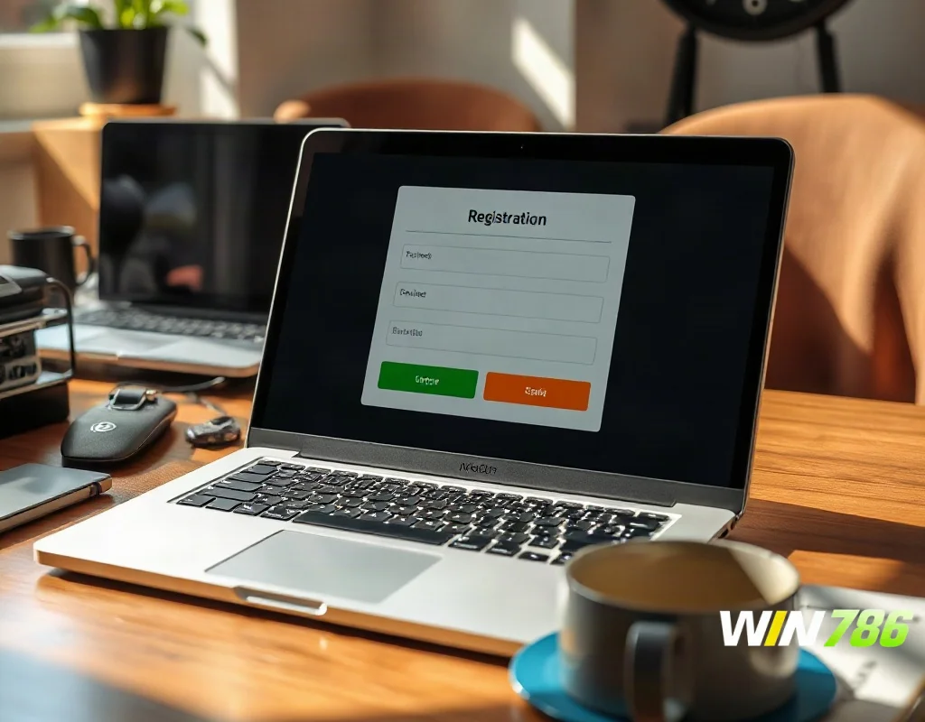 Laptop showing a registration form on a desk