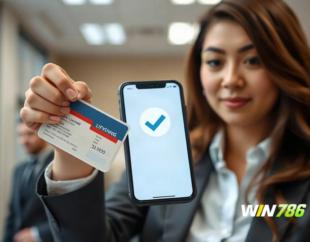 Professional holding ID card and phone with verification checkmark