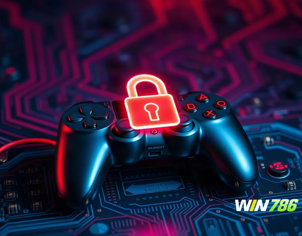 WIN786 account security with padlock and gaming controller