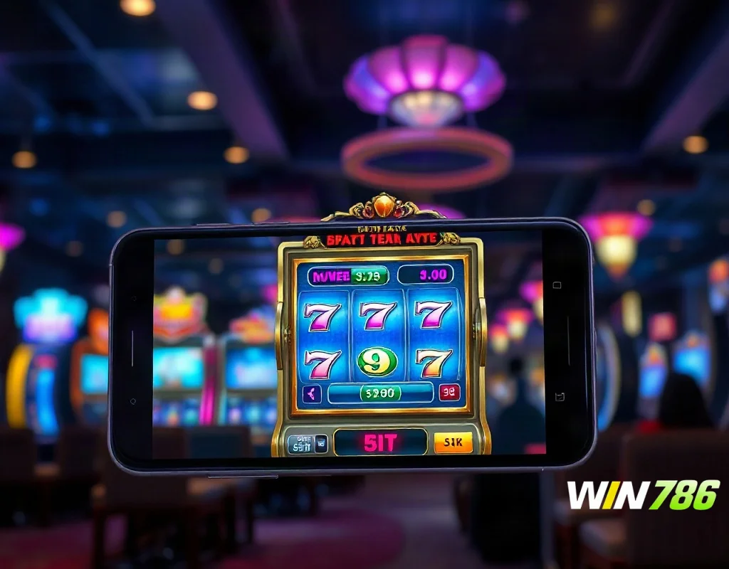 WIN786 slot game on a smartphone app with neon highlights.