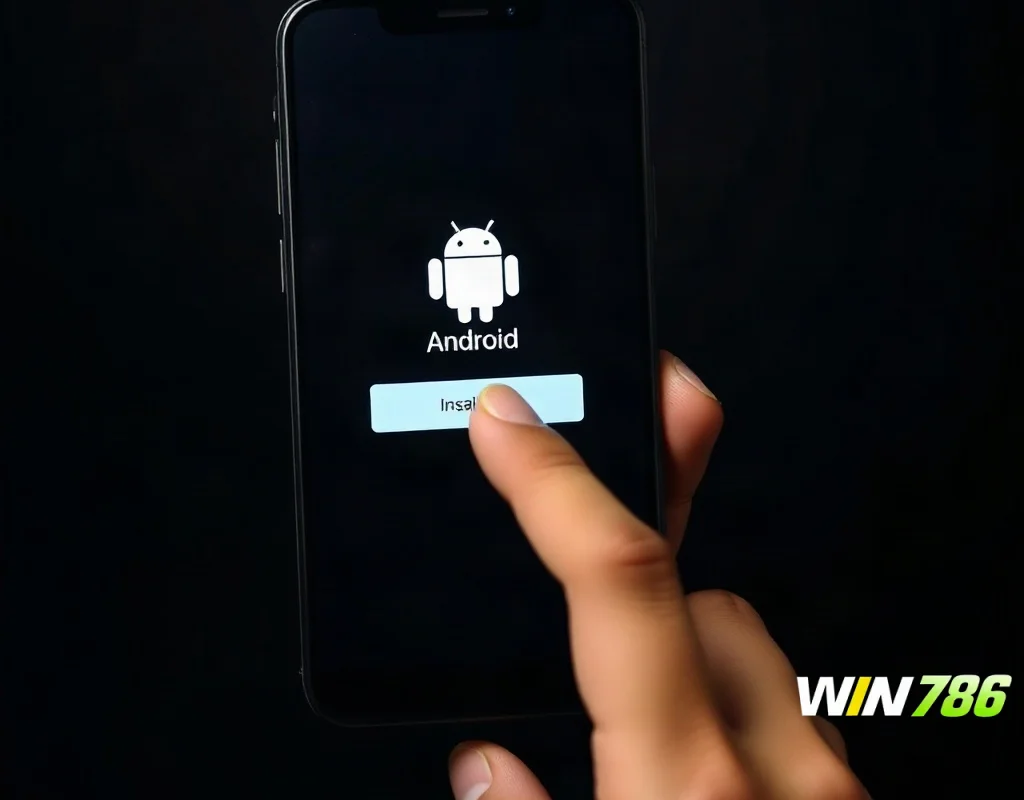 Hand installing an app on a smartphone in a dark room.