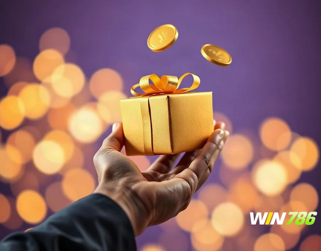 User receiving a bonus gift with coins and chips in the air.