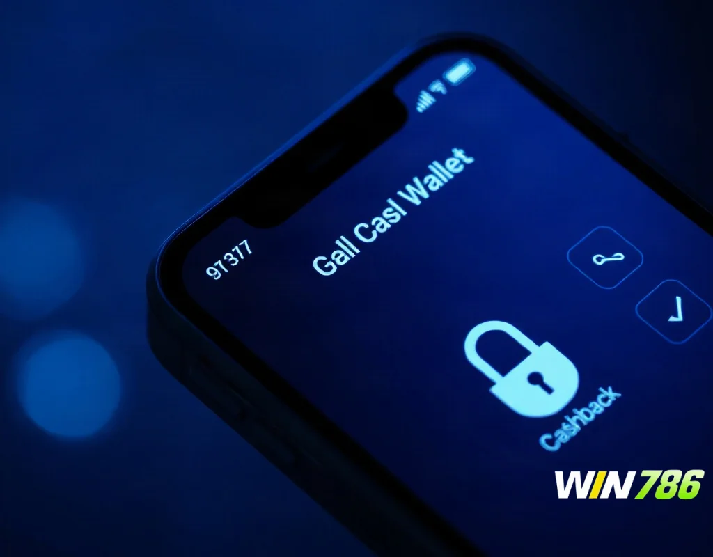 Digital wallet with cashback and security icons on a phone.