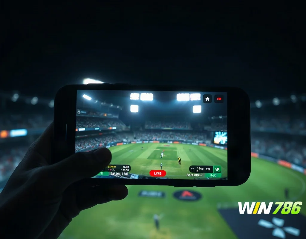 Cricket match being streamed on a mobile device in a dark room.