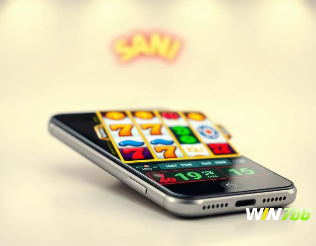 Smartphone showing slot game interface with colorful reels