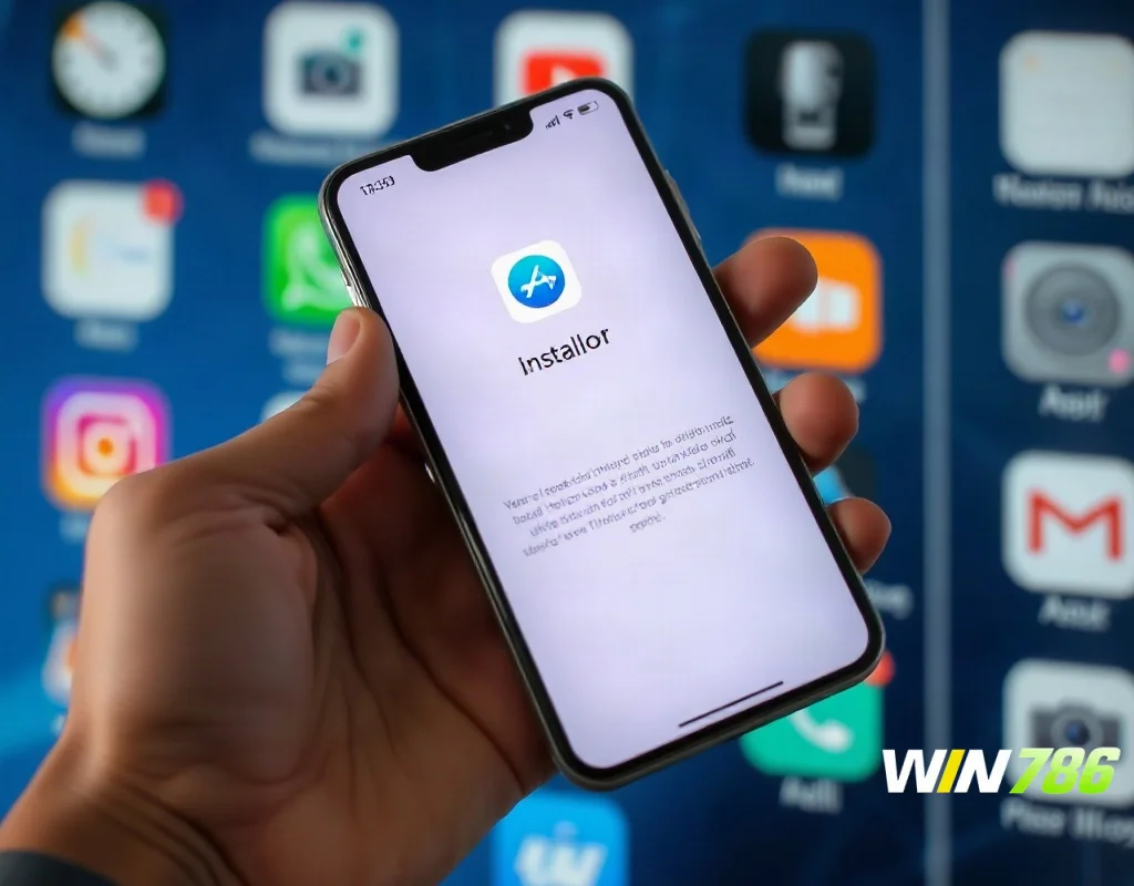 Hand holding smartphone with app installation screen