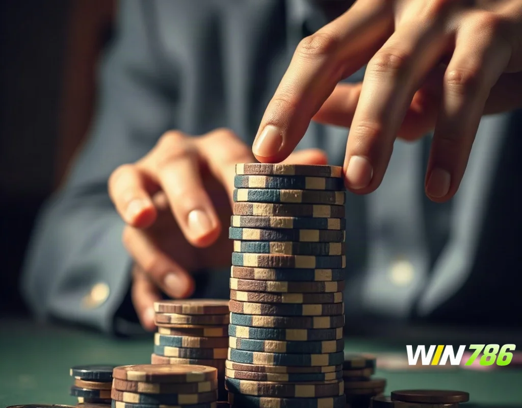 Hand stacking poker chips with coins