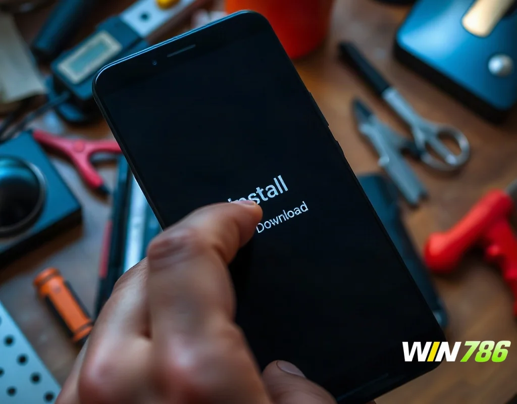 A hand tapping an install button on an Android device with a progress bar, on a desk setting