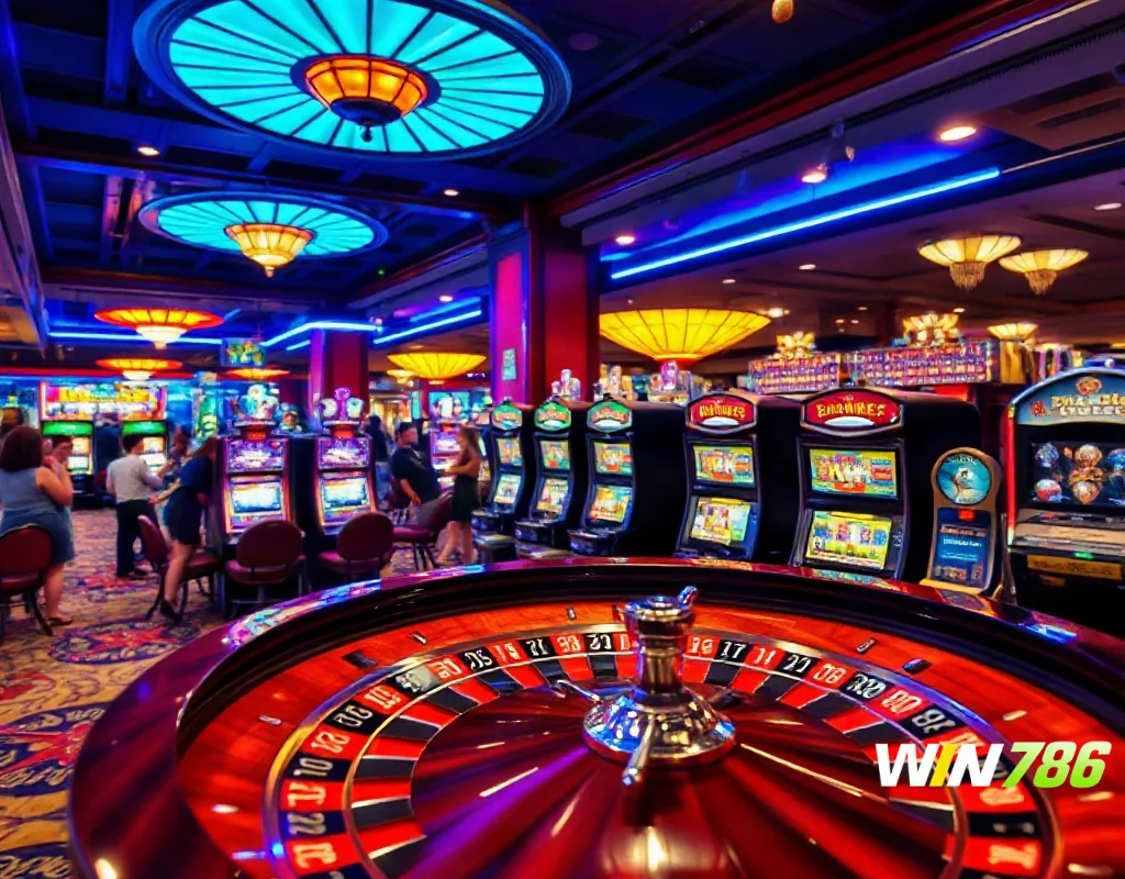 Casino floor with roulette and slot machines