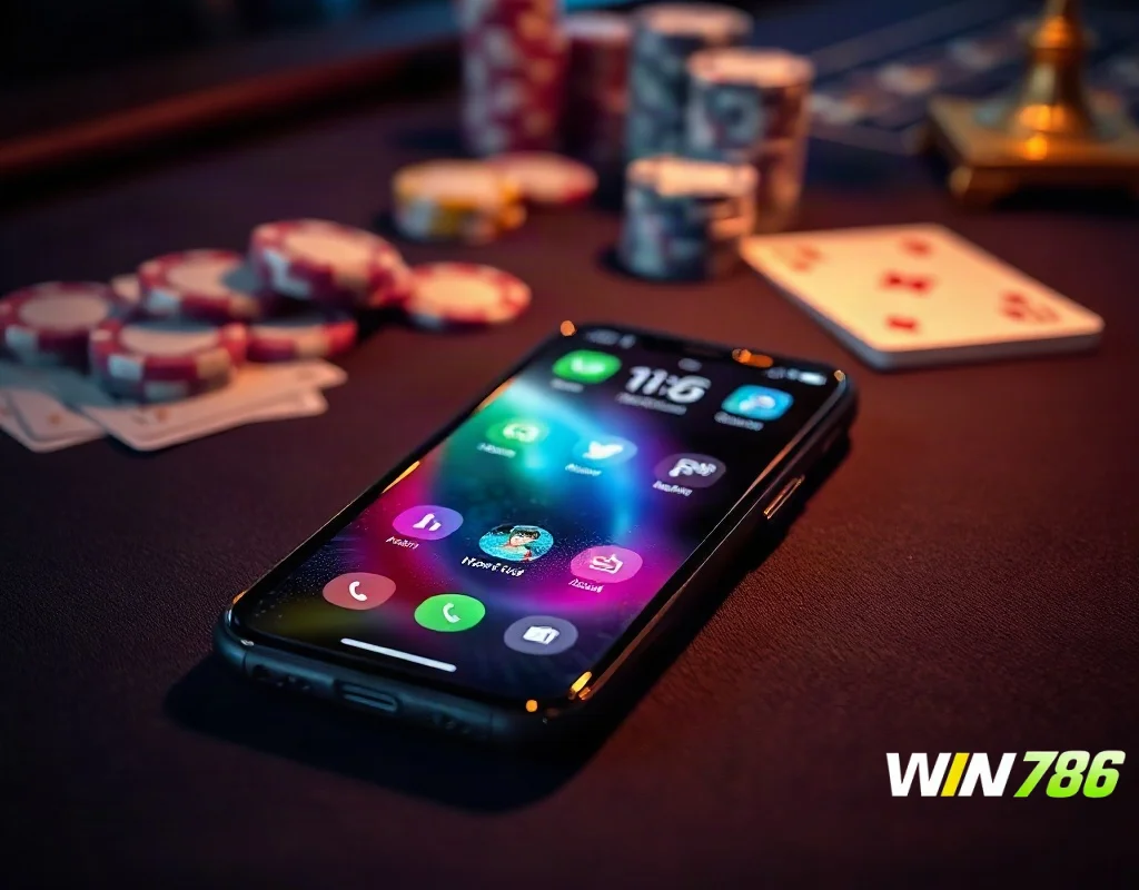 Smartphone showing a casino app on a dark table with chips.