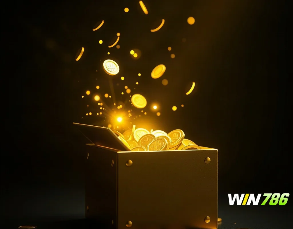 Golden gift box with glowing coins symbolizing casino bonuses.