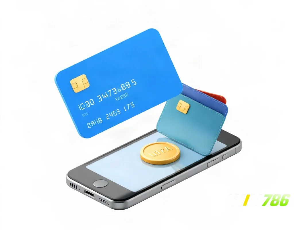 3D render of payment icons and a smartphone for online transactions.