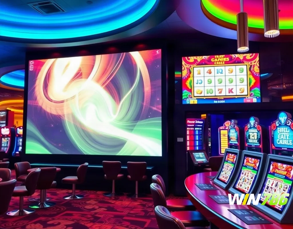 Modern casino lounge with a large screen displaying a generic slot game.