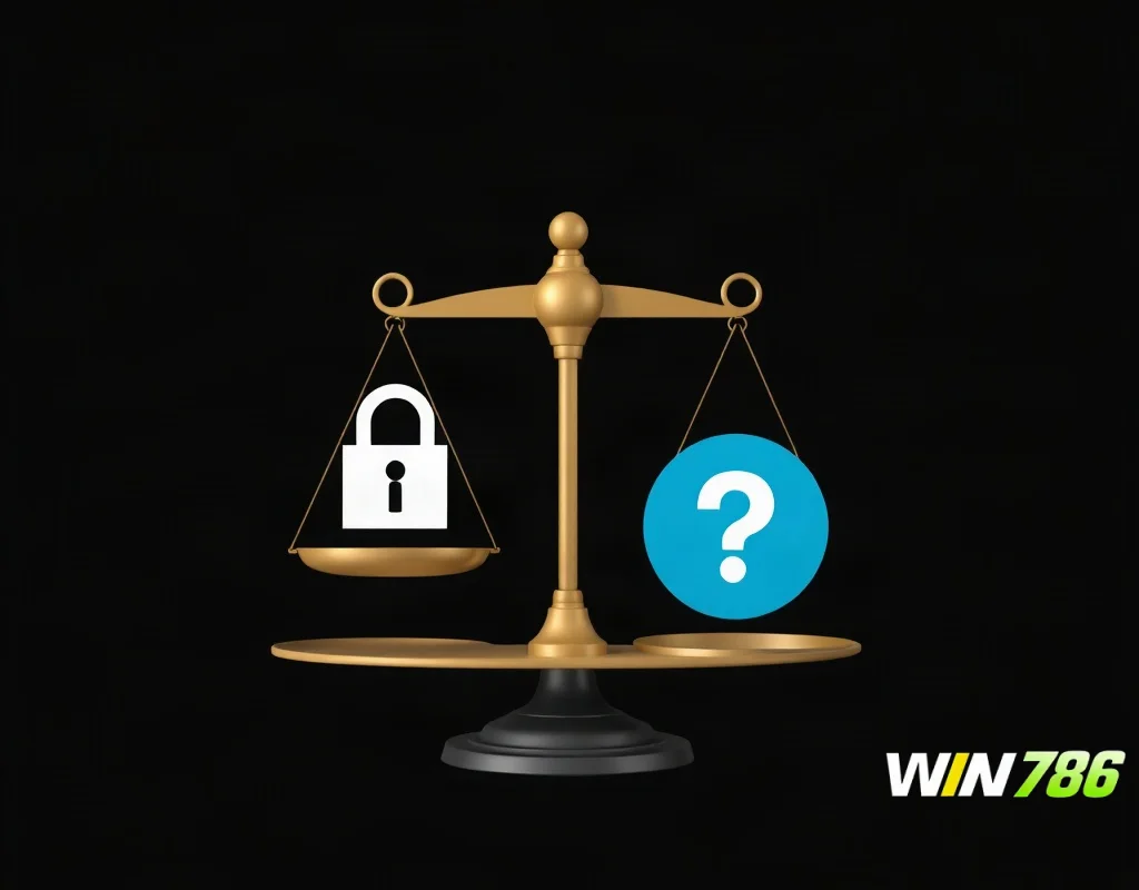 Scale balancing a shield and a question mark symbolizing trust and uncertainty.