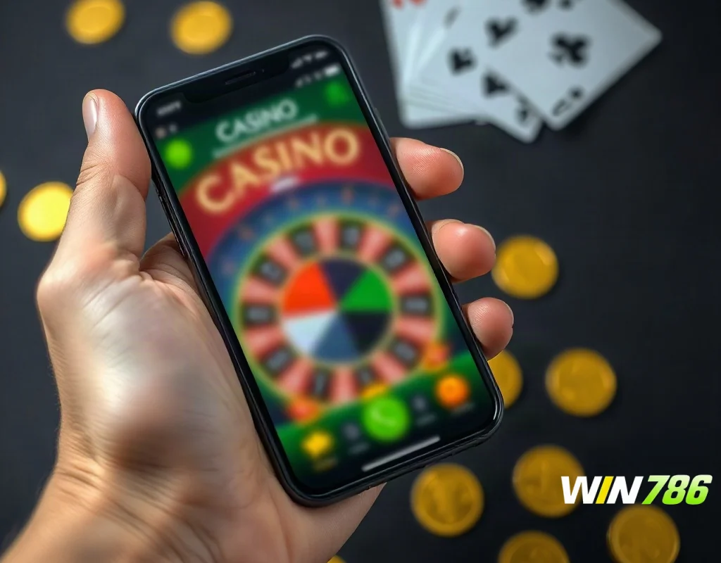 Close-up of a hand holding a smartphone with a blurry casino app, surrounded by chips and cards, indicating online casino bonus claim.