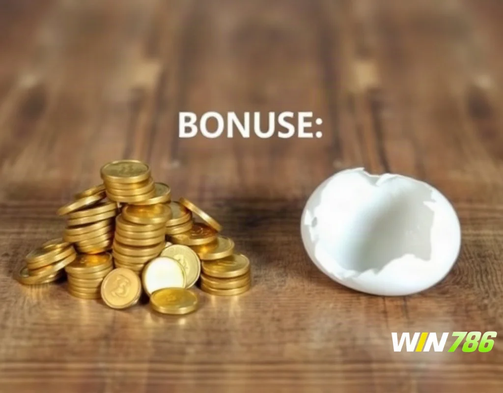 A pile of shiny coins and a pile of cracked eggs on a wooden table, illustrating the dual nature of online casino bonuses.