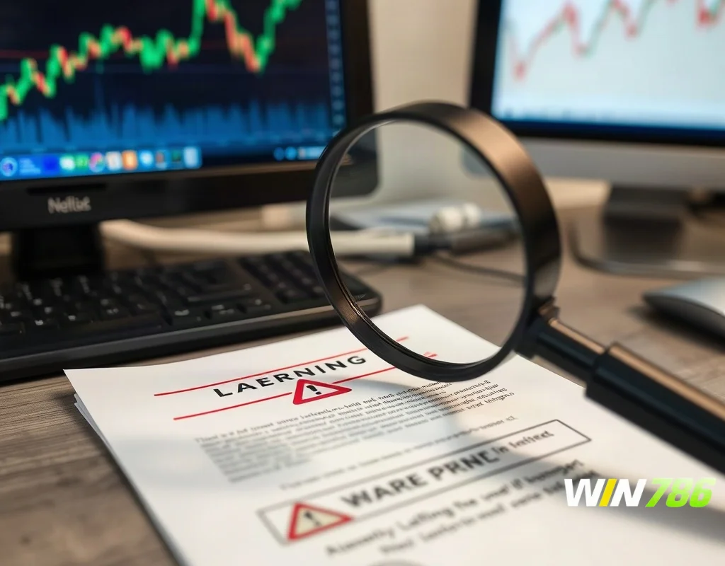 A magnifying glass inspecting a document with fine print, next to a laptop showing graphs, representing thorough terms and conditions review.