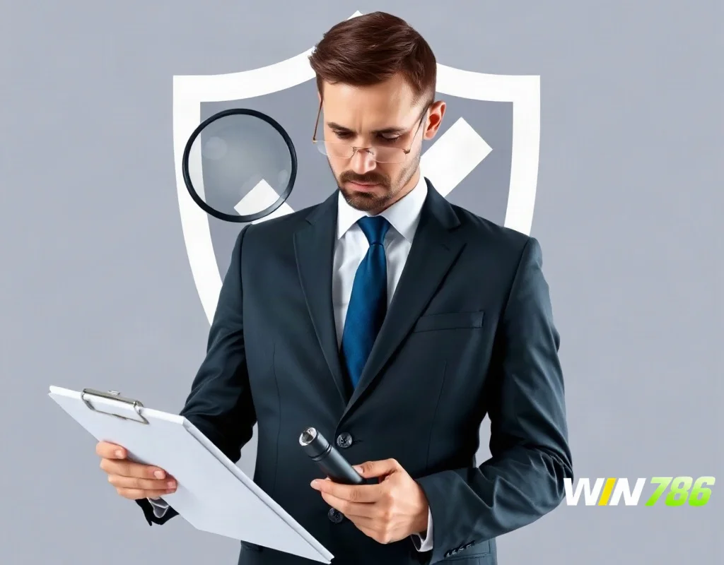 A professional in a suit examining a clipboard with a magnifying glass, with a large shield motif in the background, indicating legitimacy and verification.