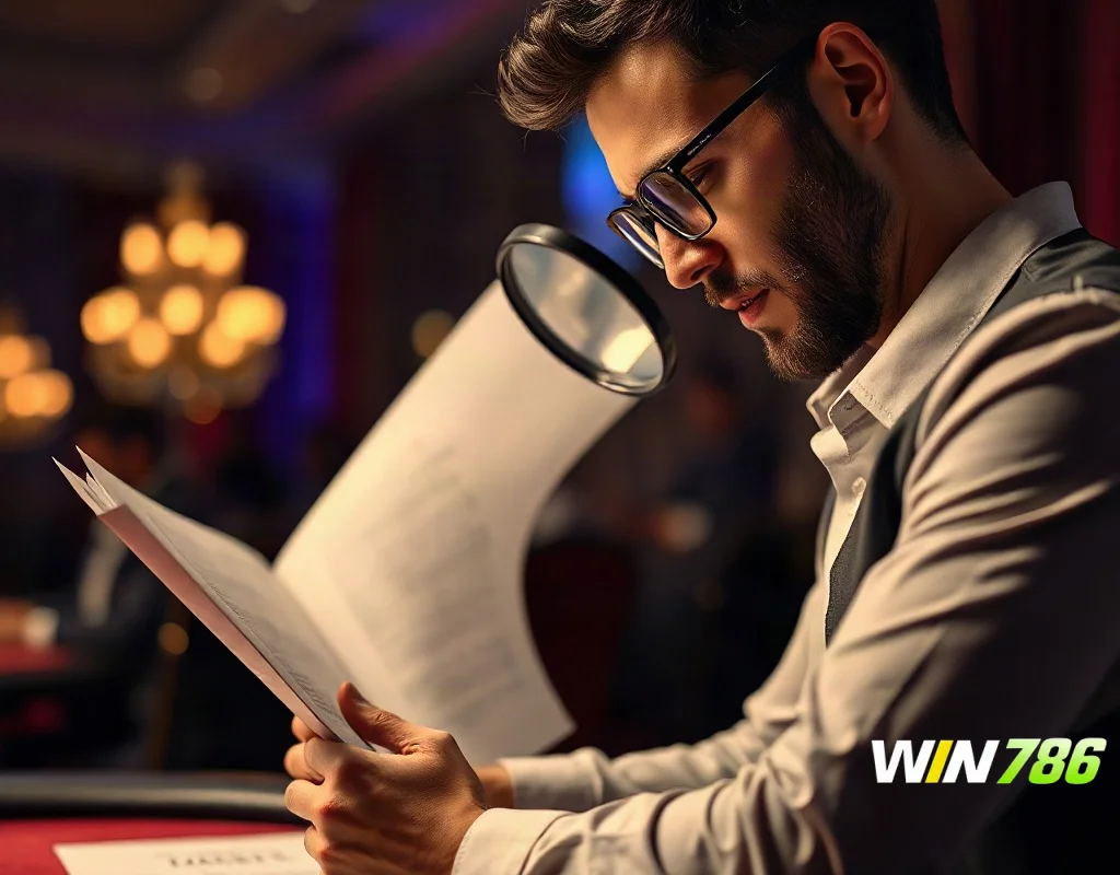 Player scrutinizing bonus terms and conditions with a magnifying glass in a casino setting