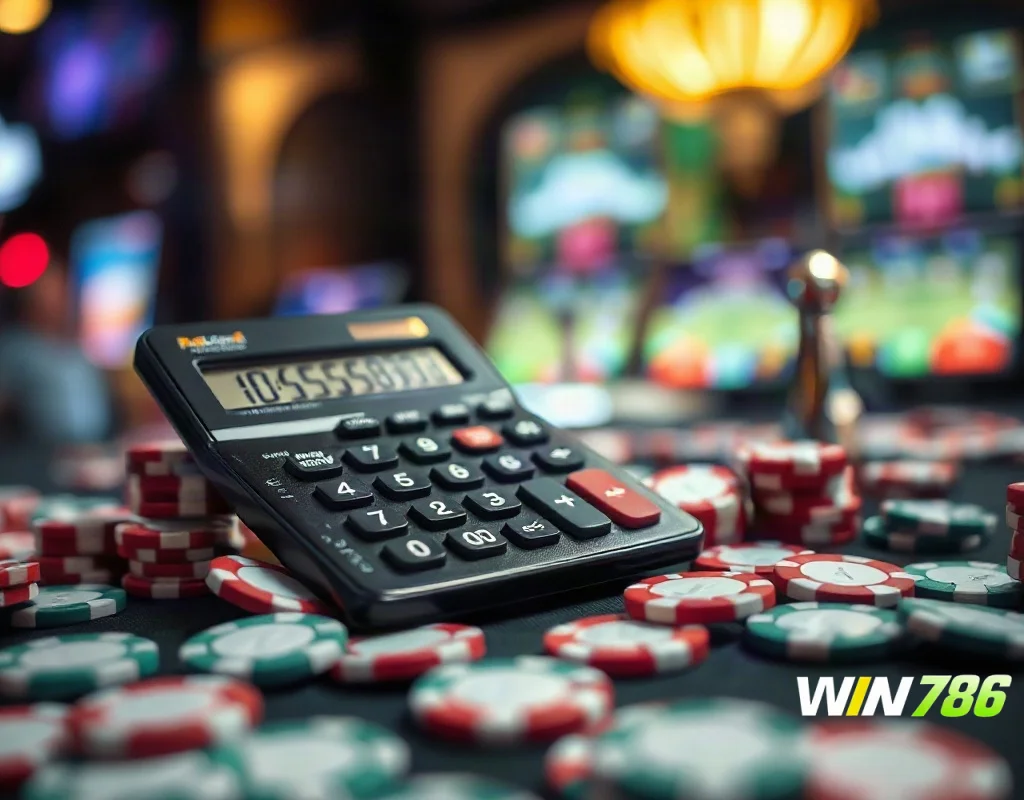 Calculator and casino chips representing the calculation of wagering requirements