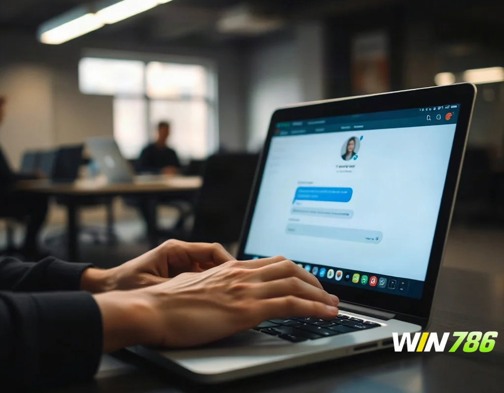 A pair of hands typing on a laptop while looking at a screen showing a customer support chat window, in a dimly lit office space, realistic photography