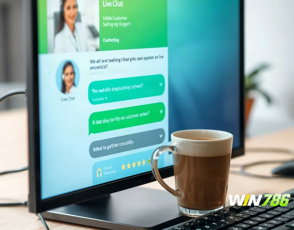 A computer monitor displaying a live chat conversation with a customer service agent, with a cup of coffee on the desk beside the keyboard, close-up photography