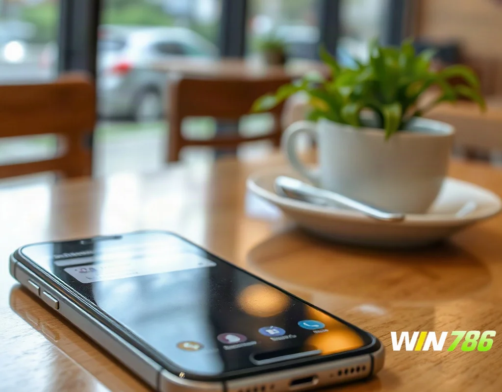 A smartphone lying on a table showing a Telegram chat interface with an incoming message notification, a blurred background of a cafe, realistic photography