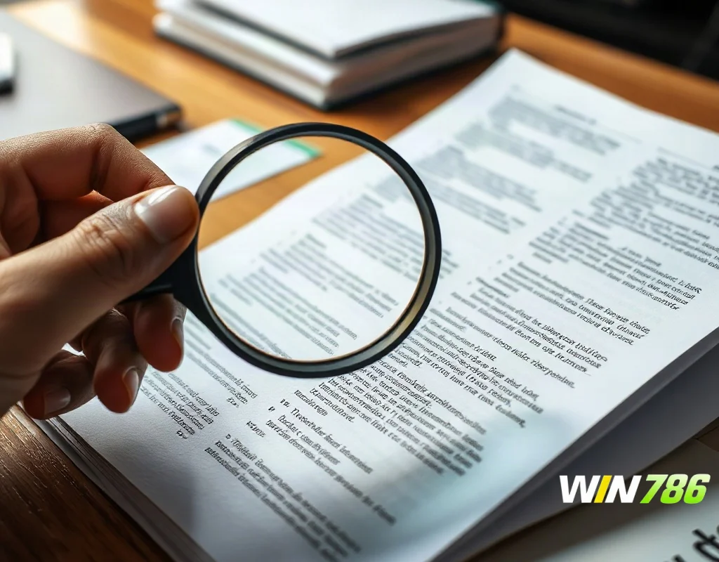 A close-up view of a person reading a long document with fine print, holding a magnifying glass over the text, bright desk lighting, realistic photography