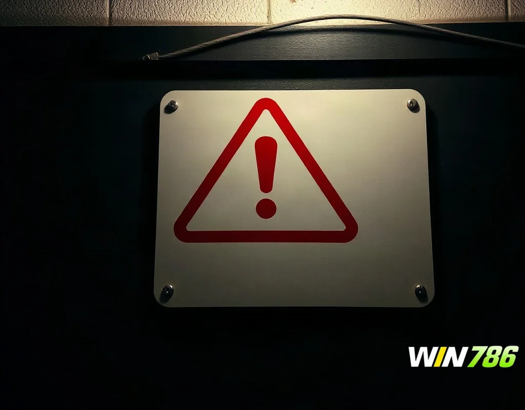 A dramatic shot of a warning sign with a red exclamation mark on a dark wall, with ambient lighting creating a serious mood, photography