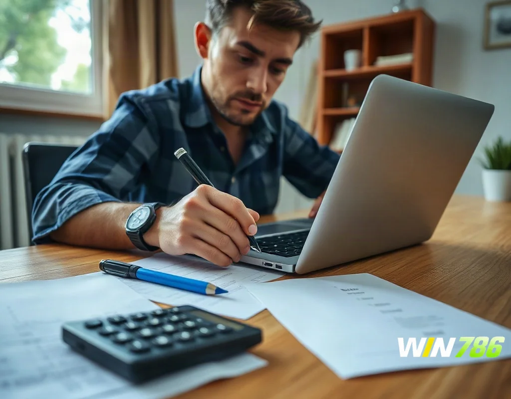 A wide-angle shot of a person sitting in front of a laptop taking notes, with papers and a calculator spread across a wooden desk, natural daylight from a window, photography