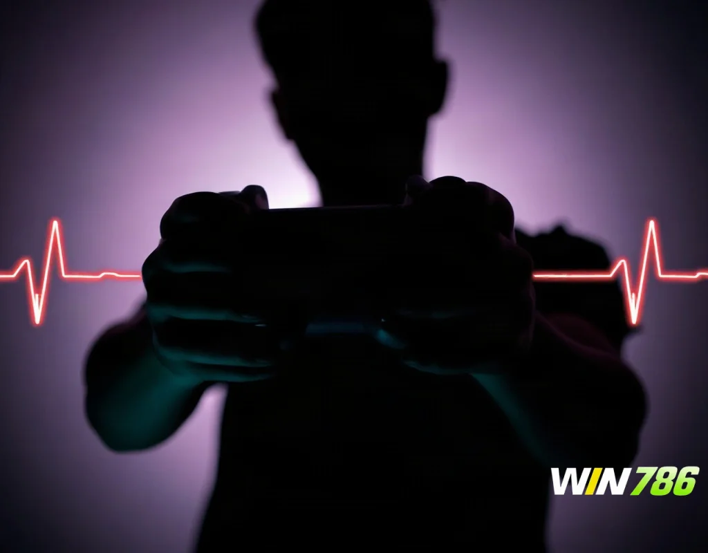 Silhouette with a game controller and heartbeat line symbolizing responsible gaming