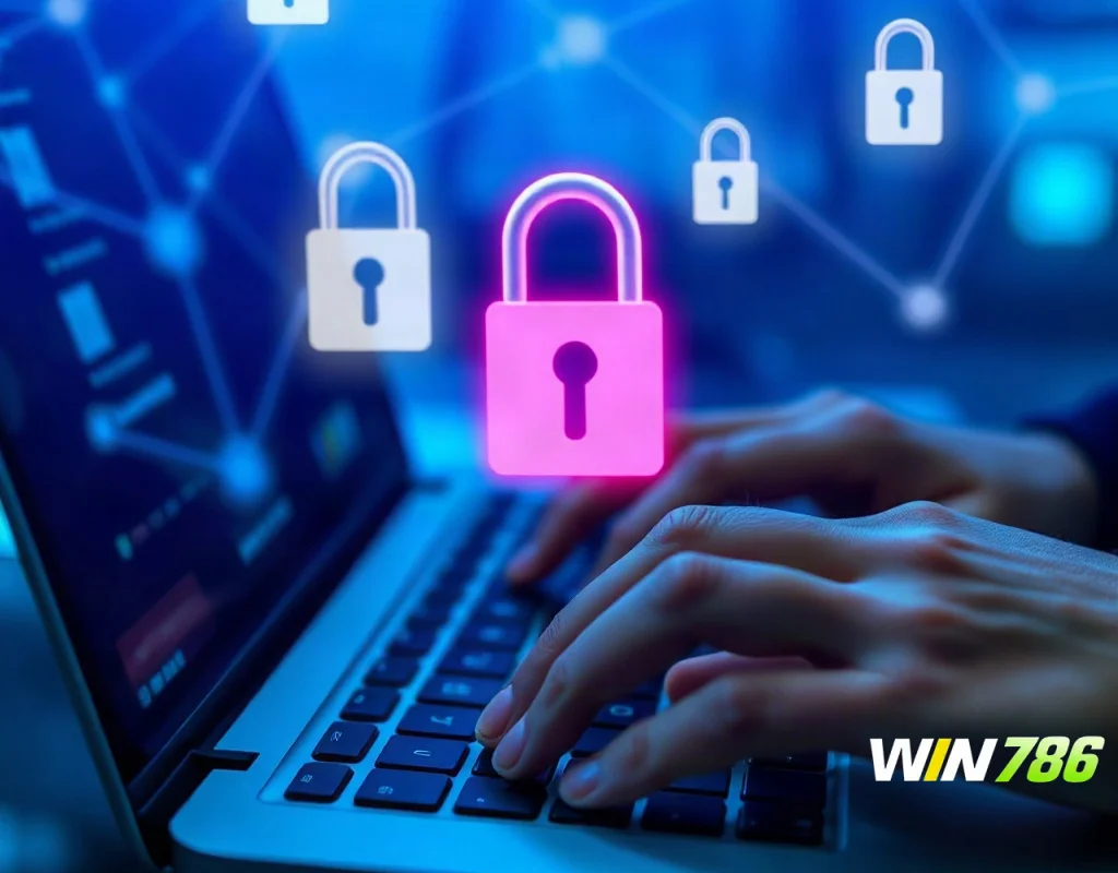 User protecting data with encryption and digital security on laptop