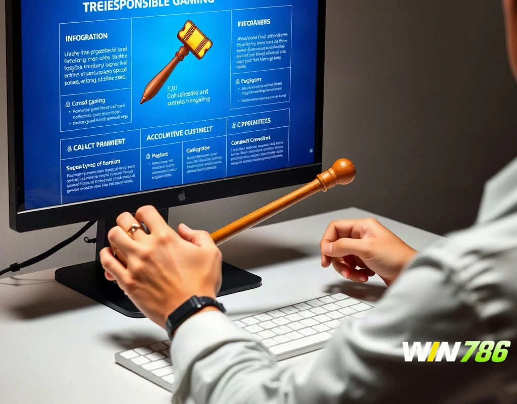 Gavel and responsible gaming symbols on computer screen