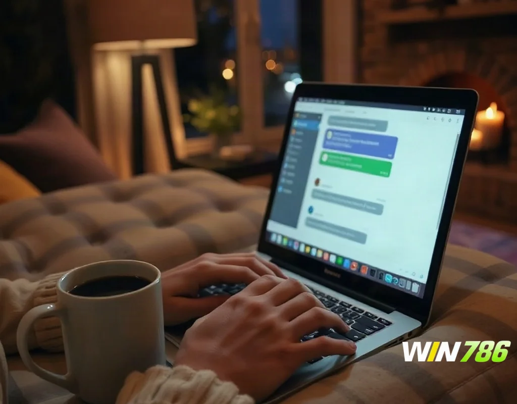 Player contacting WIN786 support via live chat on laptop