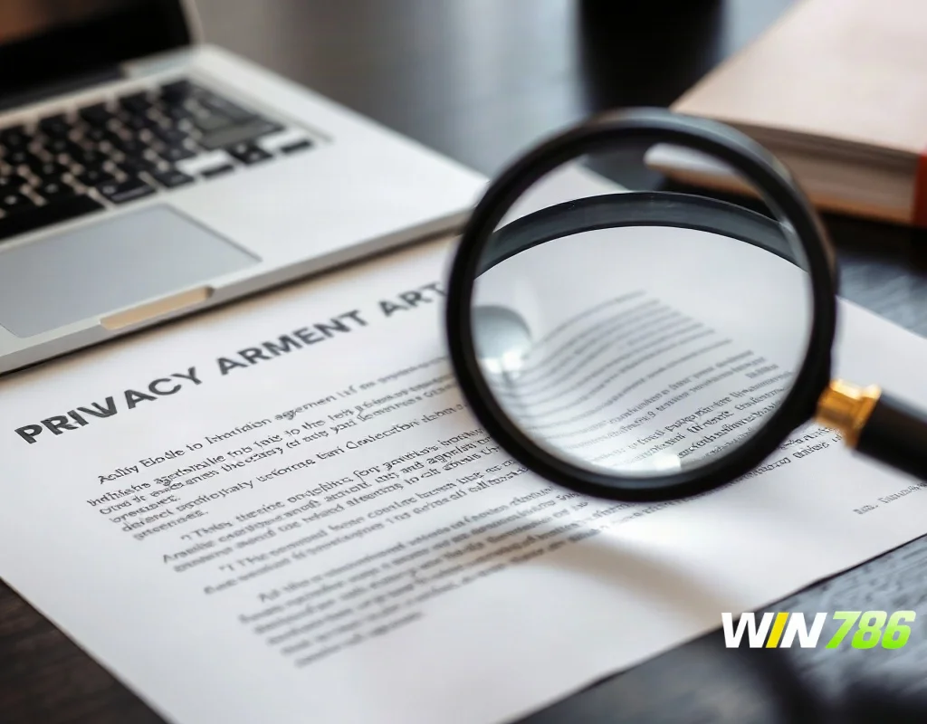 A close-up of a legal document on a desk next to a laptop and a magnifying glass, investigating the fine print of a privacy agreement