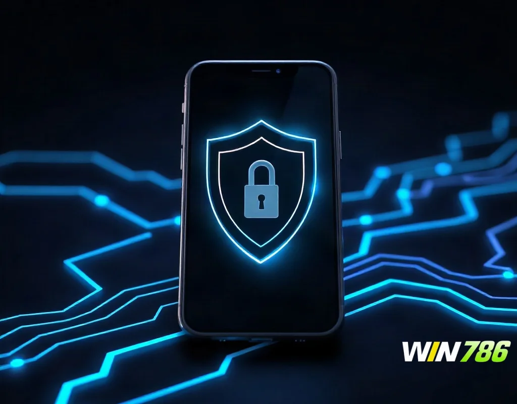 Digital shield protecting a smartphone and credit card symbolizing WIN786 data protection.