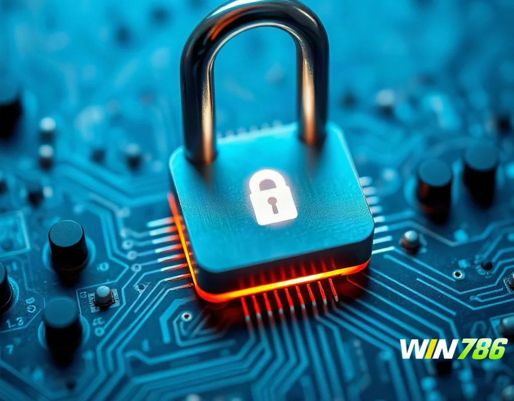 Glowing lock on a circuit board representing WIN786's encryption technology.