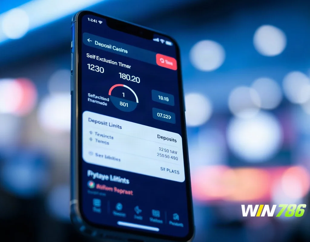 Mobile app dashboard with self-exclusion tools and deposit limits.