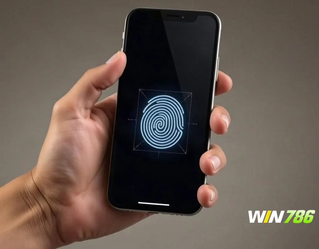 Hand with smartphone showing fingerprint scanning for security