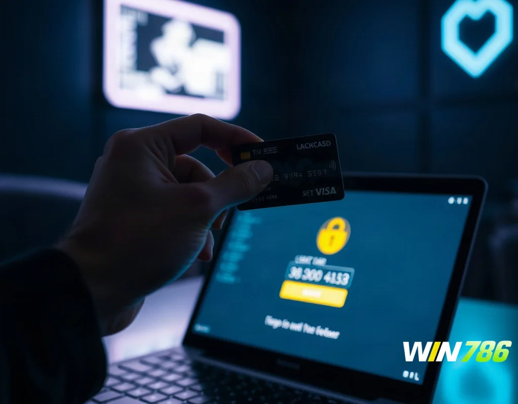 Hand holding credit card ready to make online deposit on laptop