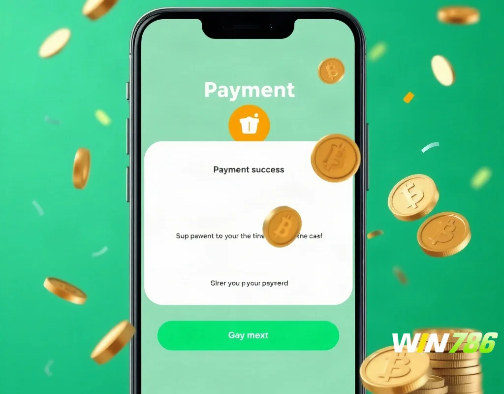 Smartphone showing successful payment animation with coins