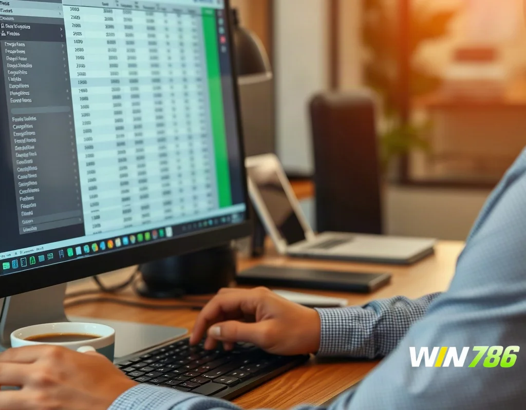 Person analyzing transaction records on a computer screen