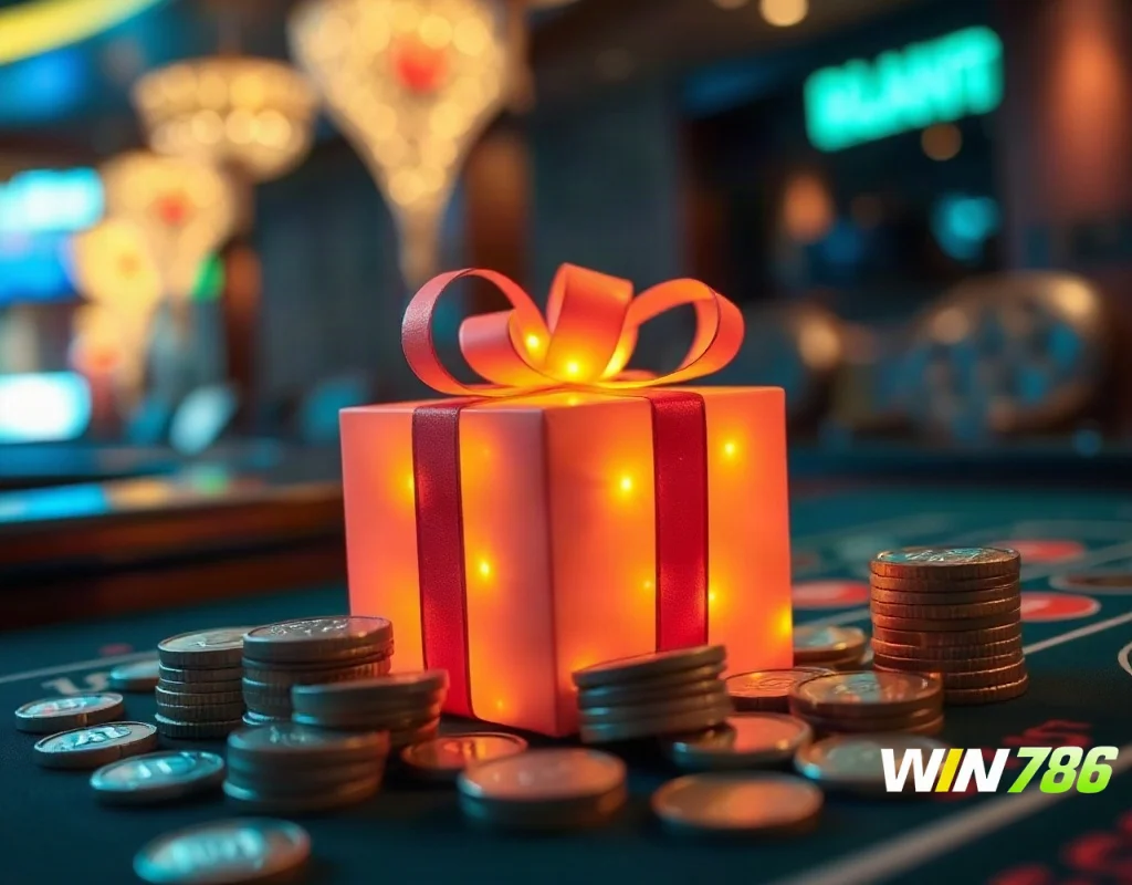 Gift box and coins representing bonus offers