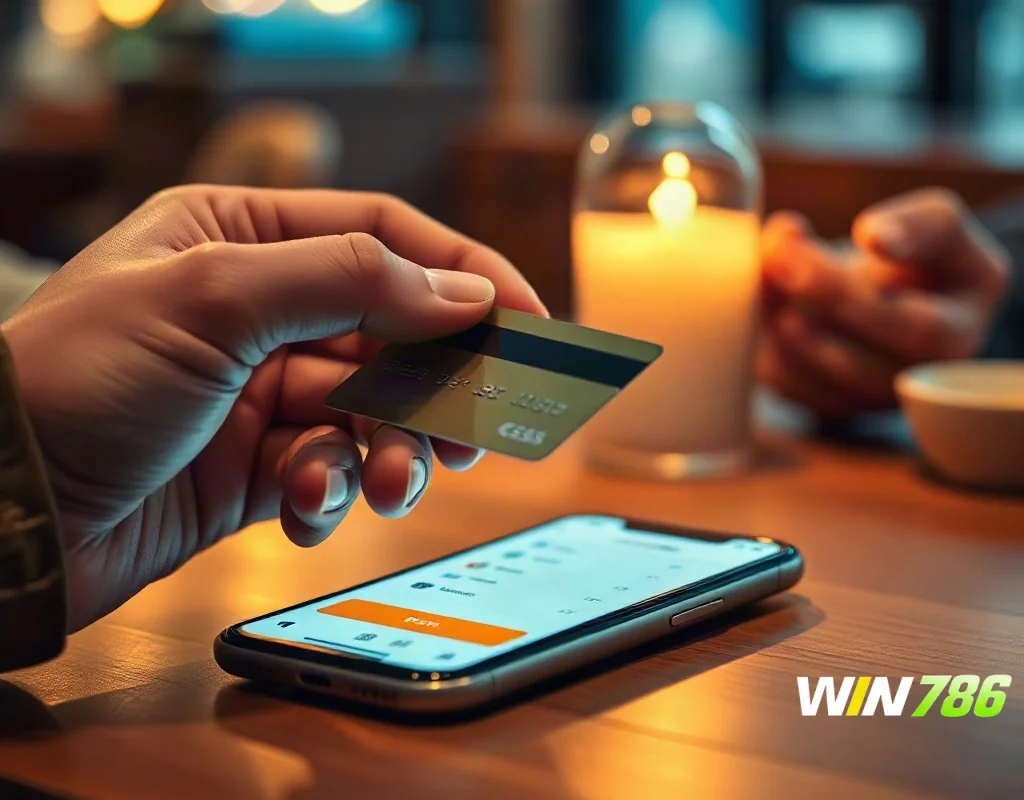Person holding a credit card over a smartphone on a table, ready to make a deposit online.